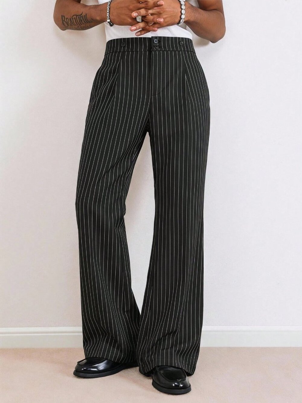 Black Casual Men's Striped Casual Long Pants With Pockets